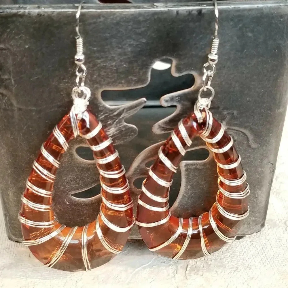 Handcrafted Retro 80s Statement Orange Lucite Open Teardrop Wire Wrap Earrings